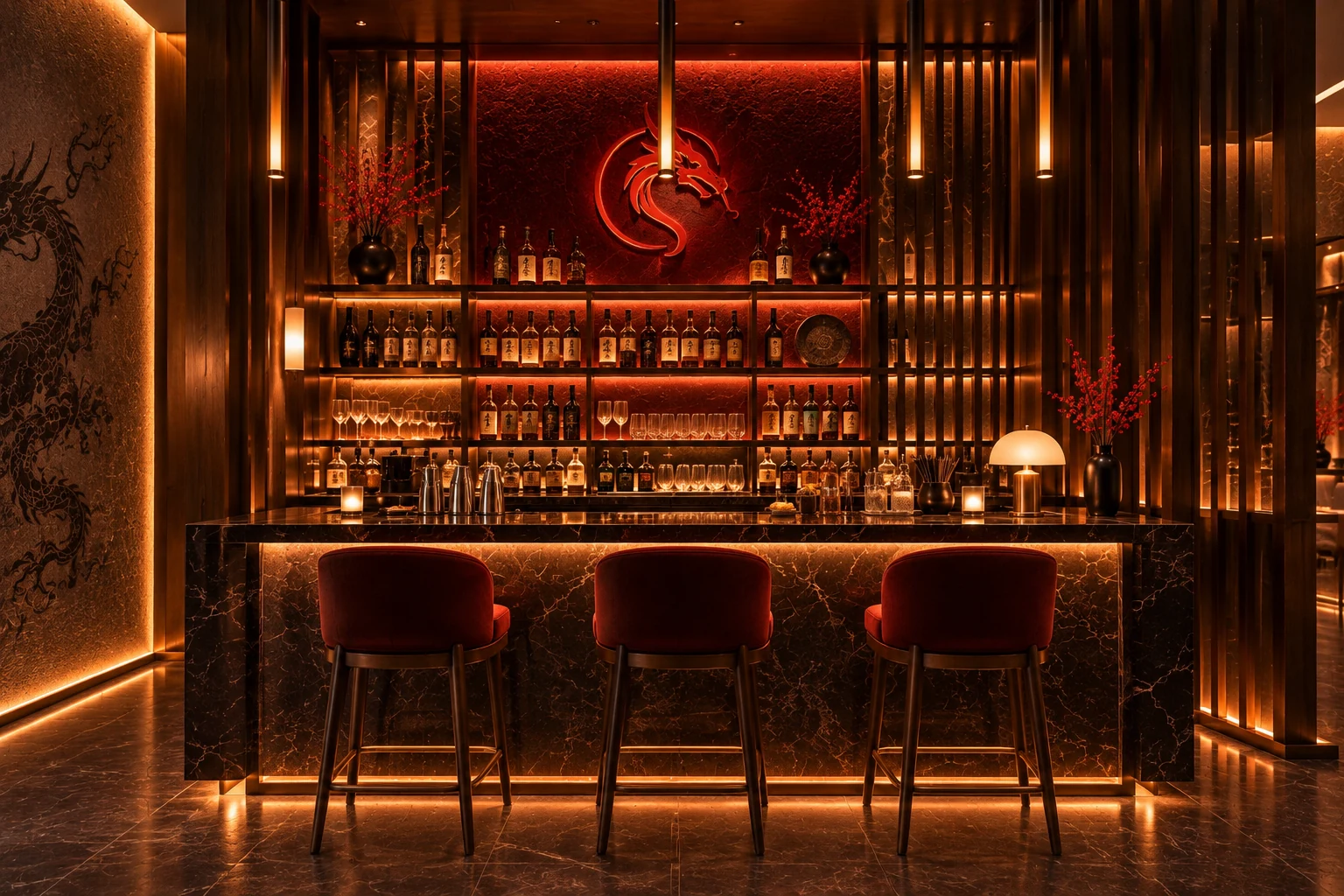 Warmly lit bar with dark walnut and intimate lighting