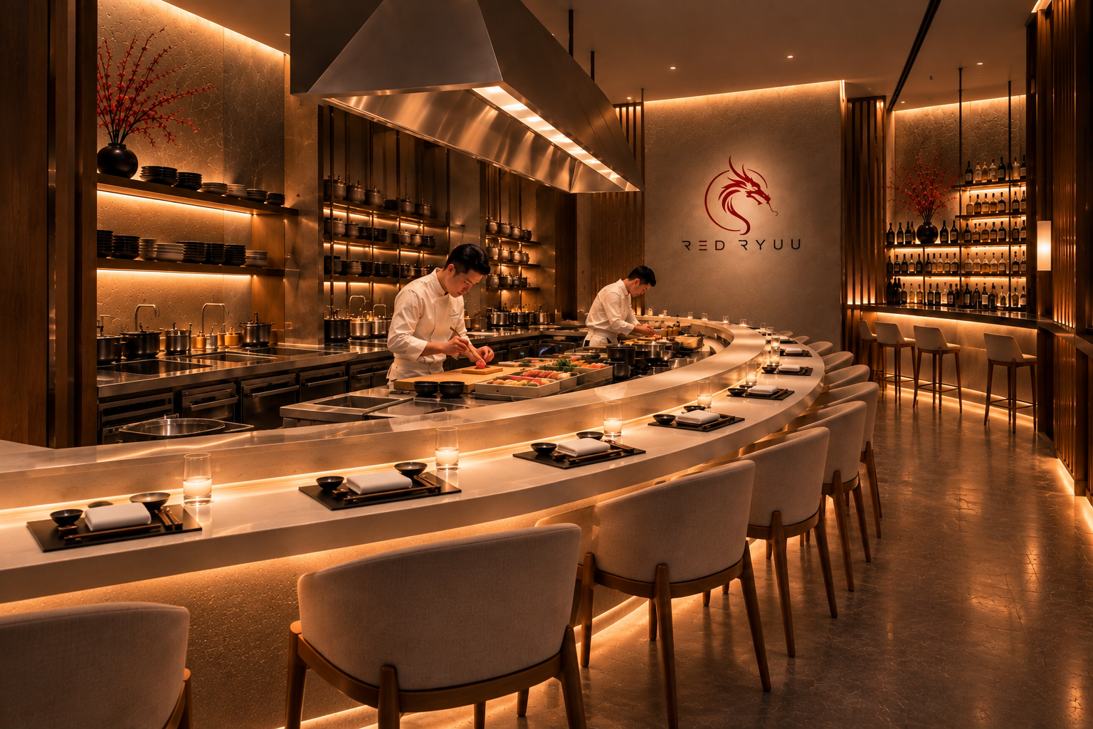 Wide view of the curved RED RYUU sushi counter